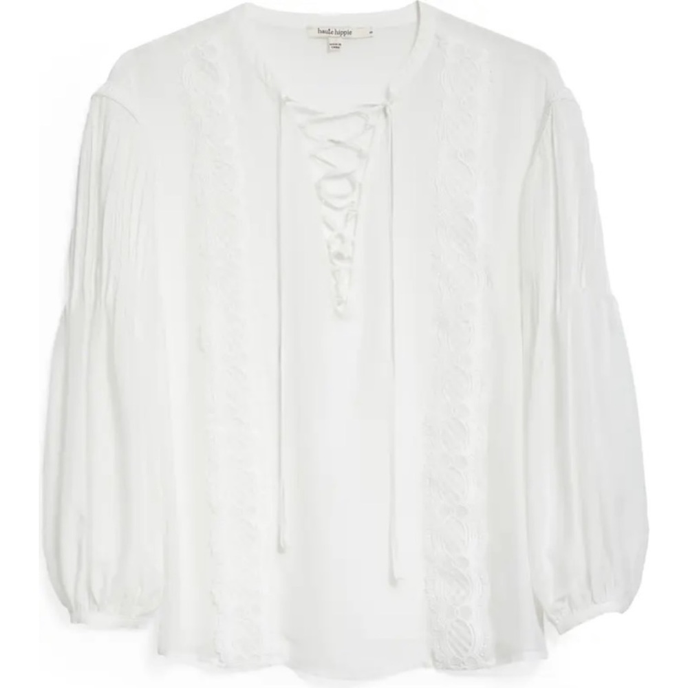 NWT Haute Hippie Lace-Up Plague Silk Blouse Mashmallon White XS